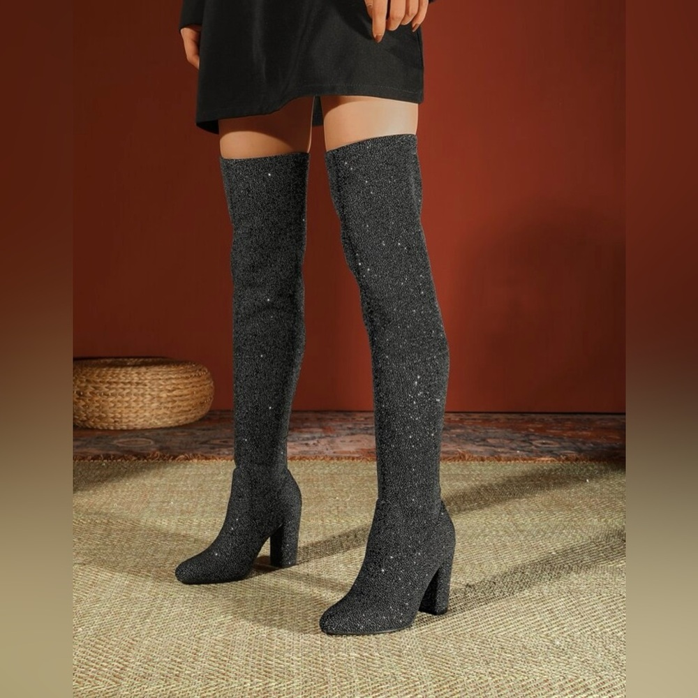 Black Glitter Over-the-Knee Boots